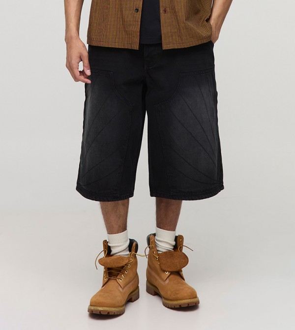 Longline Carpenter Stitch Detail Denim Shorts