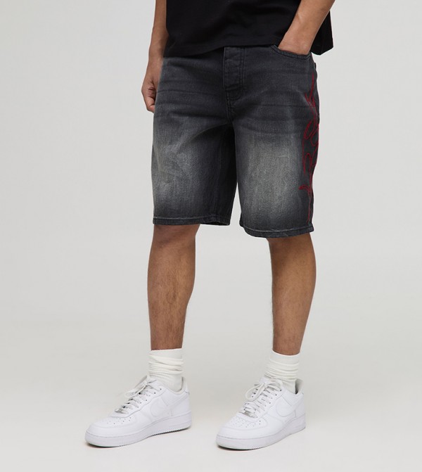 Relaxed Rigid Tribal Embroidered Denim Shorts