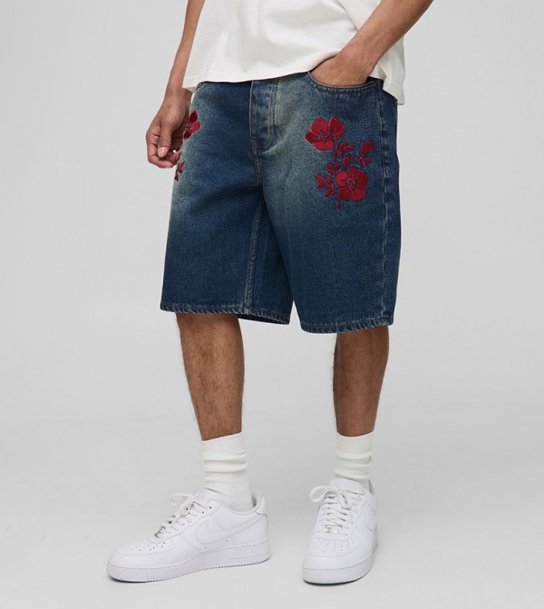 Relaxed Fit Rigid Floral Embroidered Denim Shorts