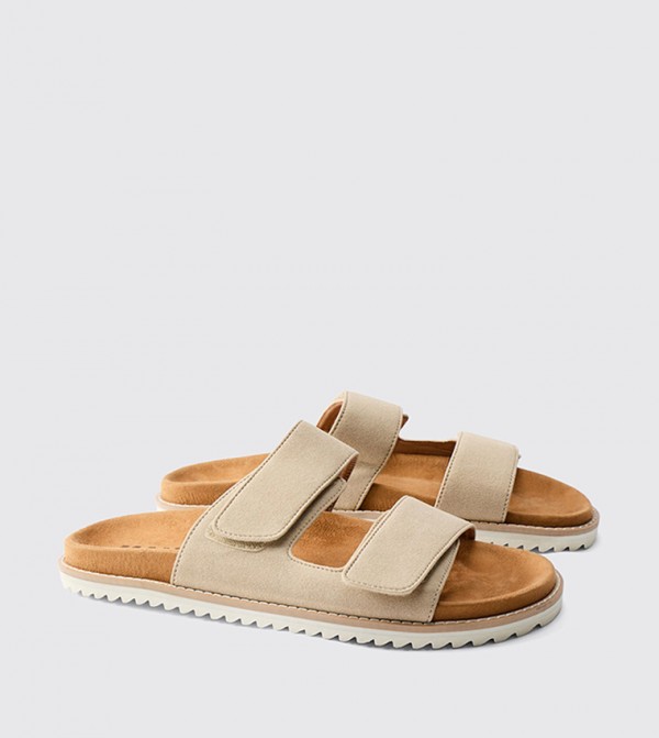 Faux Suede Double Strap Skater Sole Flat Sandals