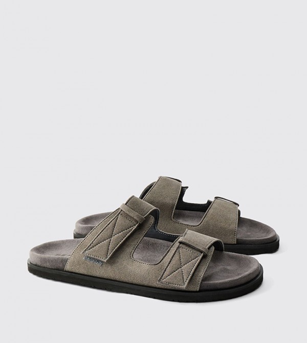 Faux Suede Stitch Detail Double Strap Comfort Sandals
