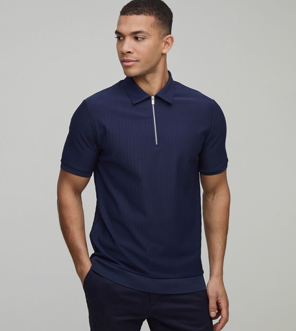 Slim Fit Textured Striped Short Sleeves Polo T-Shirt