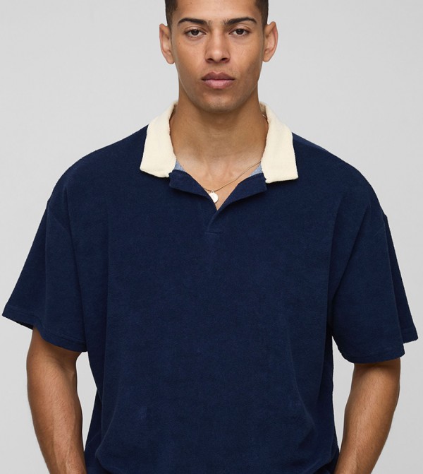 Contrast Collar Toweling Boxy Polo T-Shirt