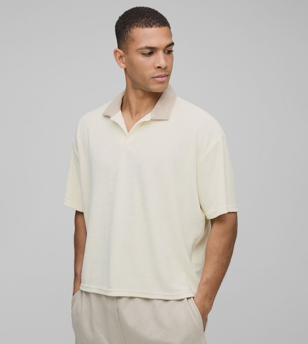 Boxy Fit Contrast Collar Toweling Polo T-Shirt