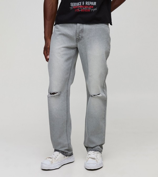 Ripped Knee Let Down Hem Straight Fit Jeans