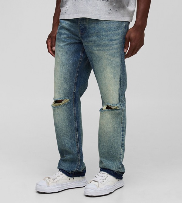 Ripped Knee Let Down Hem Straight Fit Jeans