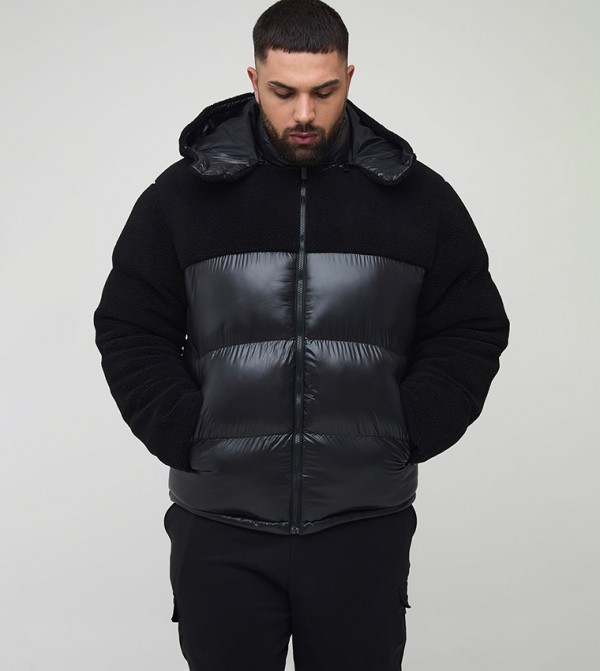 Plus & Tall Borg and High Shine Regular Fit Hooded Puffer Jacket