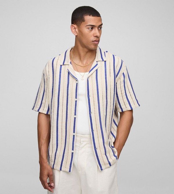 Open Weave Striped Short Sleeves Oversized Shirt