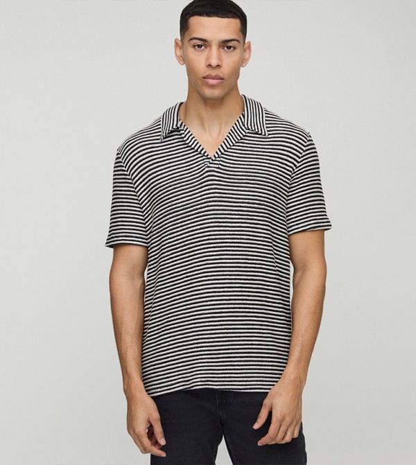 Regular Fit Textured Striped Revere Polo T-Shirt