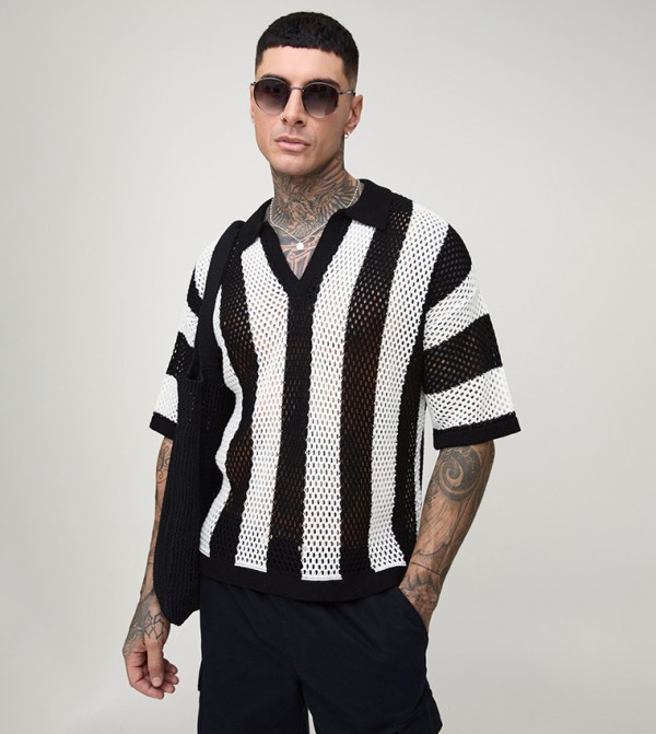 Tall Striped Knit Oversized Polo T-Shirt