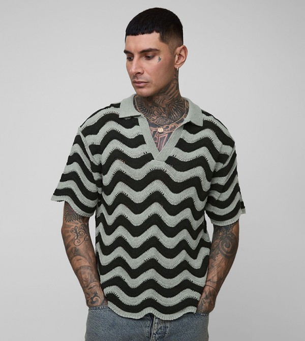 Tall Oversized Abstract Knit Polo T-Shirt