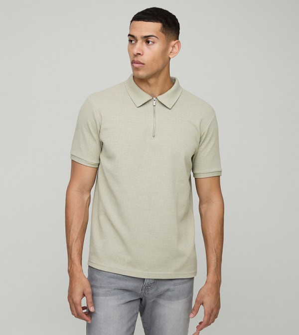 Regular Fit Contrast Waffle Zip Neck Polo T-Shirt