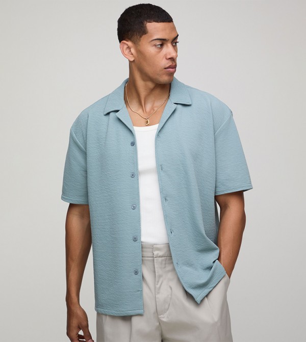Textured Revere Short Sleeves Oversized Shirt