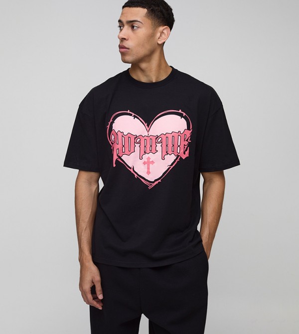 Gothic Homme Heart Graphic Oversized T-Shirt