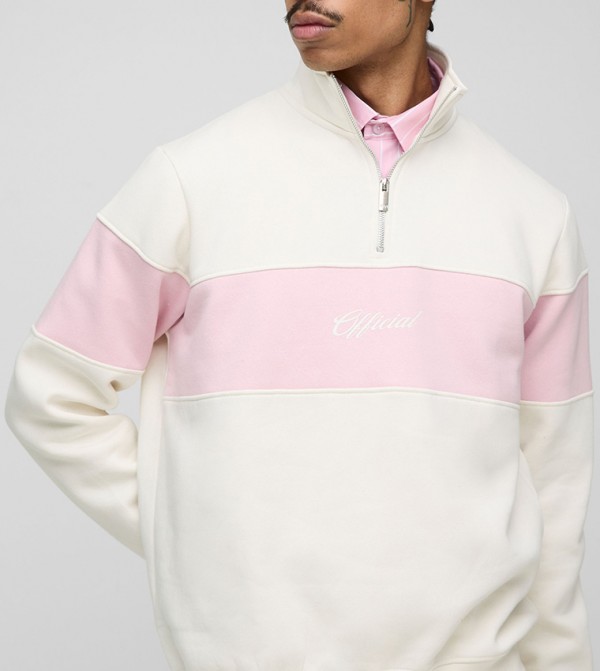 Official Script Color Block Zip Funnel Neck Sweatshirt