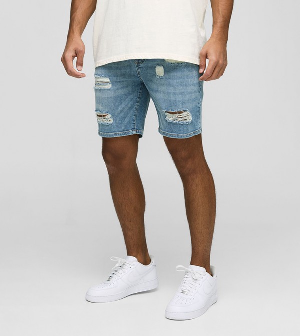 Skinny Fit Ripped Washed Light Blue Denim Shorts