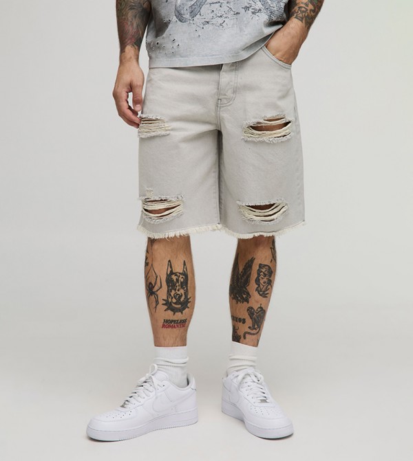 Washed Ripped Relaxed Fit Denim Shorts
