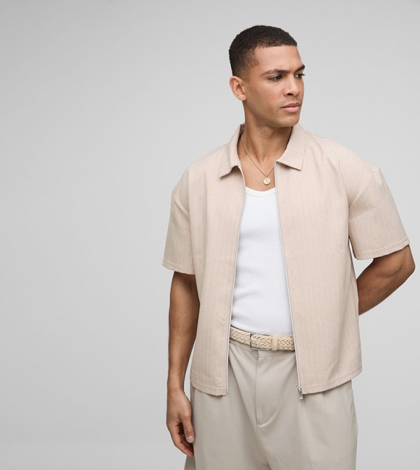 Striped Linen Look Short Sleeves Shirt