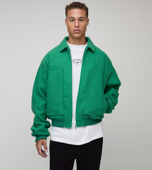 Tall Boxy Boucle Ruched Sleeves Bomber Jacket