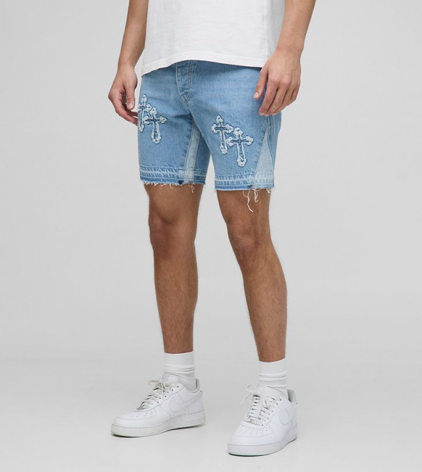 Straight Fit Cross Appliqued Denim Shorts