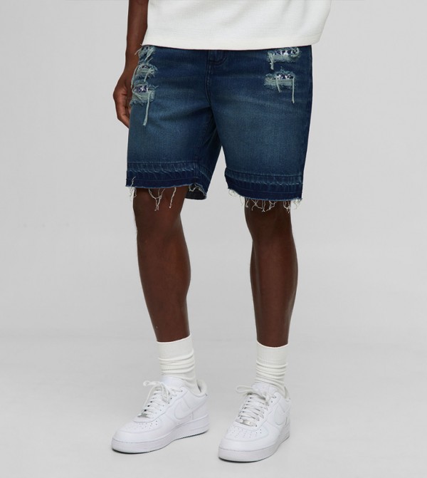Slim Rigid Bandana Rip & Repair Denim Shorts