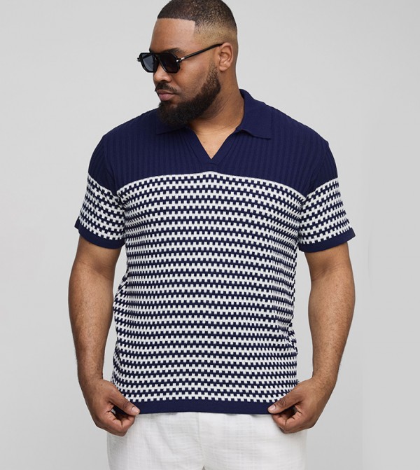 Plus & Tall Striped Knitted Oversized Polo T-Shirt