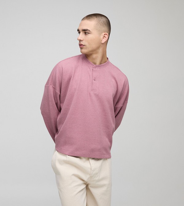 Waffle Long Sleeves Button Neck Oversized T-Shirt