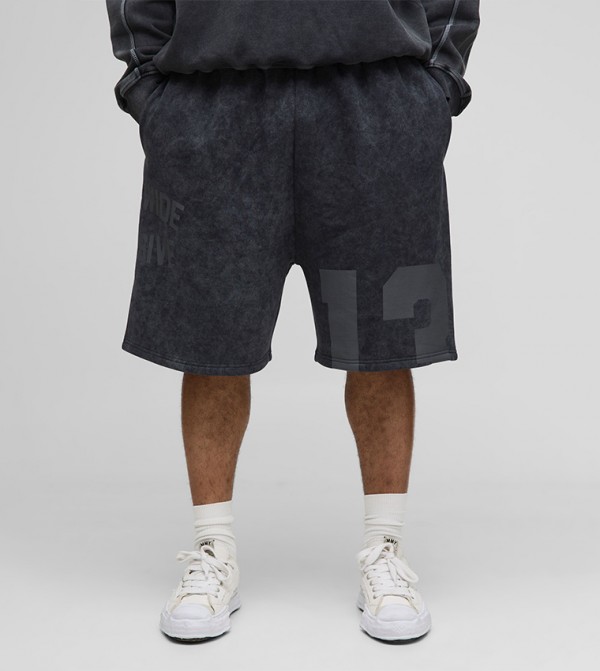 Washed Distressed Drop Crotch Print Shorts