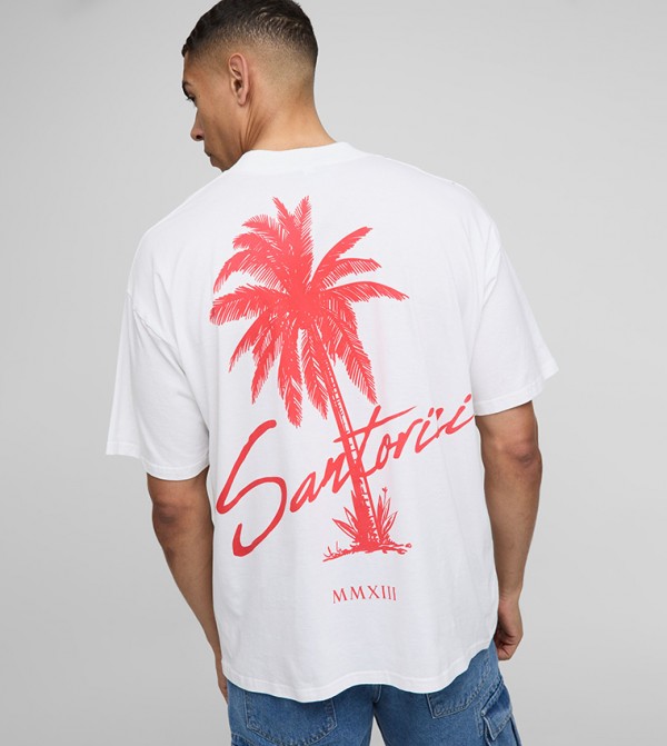 Santorini Palm Tree Printed Oversized T-Shirt