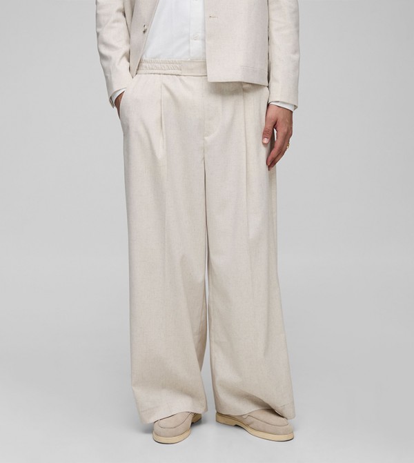 Pleated Front Herringbone Wide Leg Formal Trousers