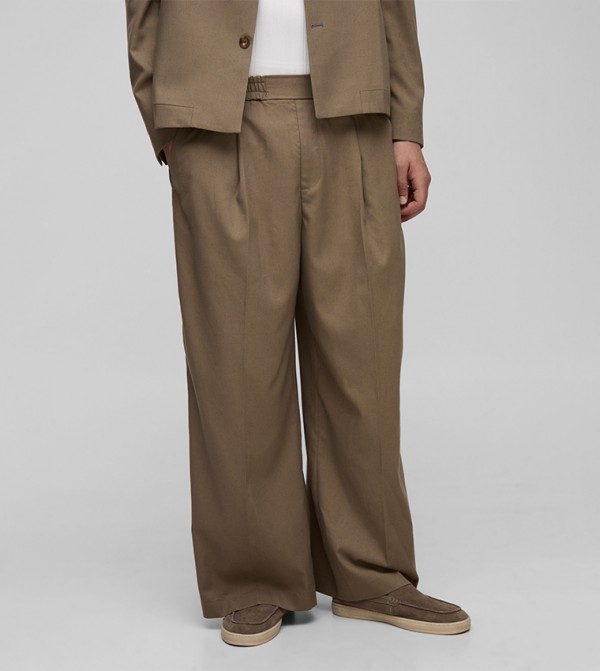 Pleated Front Herringbone Wide Leg Formal Trousers