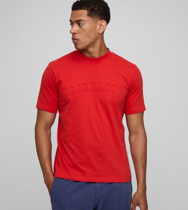 Slim Fit Peached Monaco Debossed Extended Neck T-Shirt