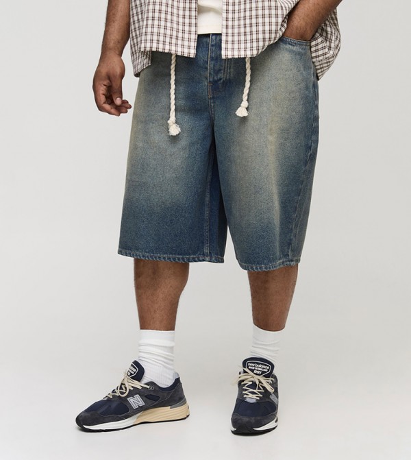 Plus & Tall Relaxed Fit Chunky Rope Belted Stone Wash Denim Shorts