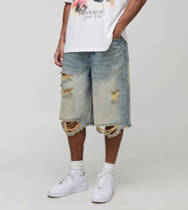 Tall Stonewash Raw Hem Distressed Denim Jorts
