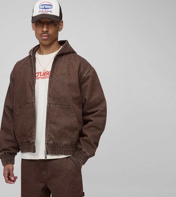 Washed Twill Hooded Boxy Fit Bomber Jacket