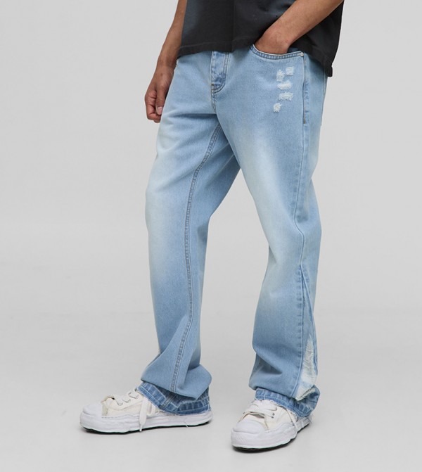 Washed Distressed Gusset Flared Jeans