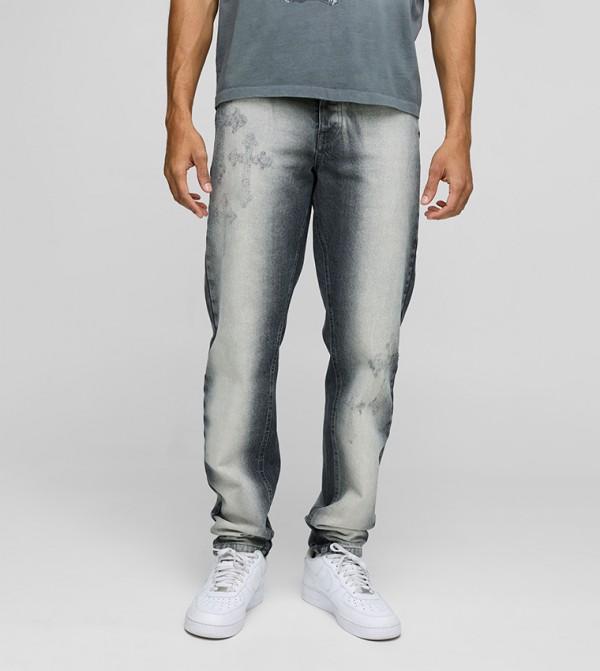 Stacked Washed Distressed Cross Slim Fit Jeans