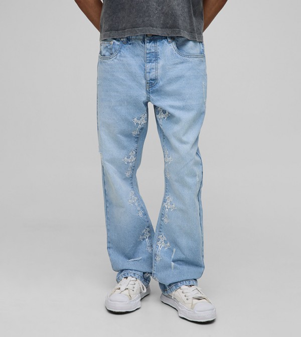 Distressed Cross Gusset Embroidered Flared Slim Fit Jeans