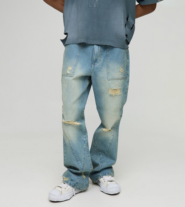 Relaxed Rigid Washed Ripped Paneled Flared Jeans