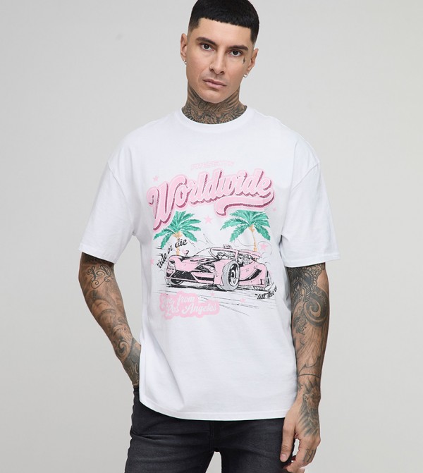 Tall Oversized Worldwide Palm Printed Moto T-Shirt
