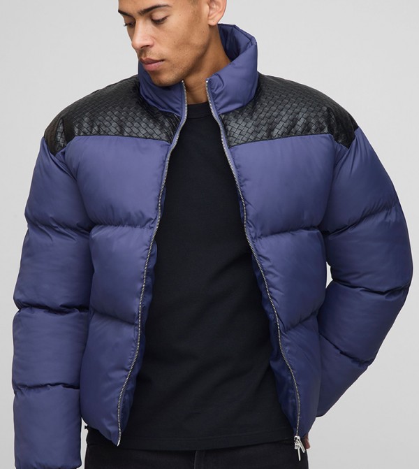 Regular Fit PU Yoke Nylon Panel Puffer Jacket