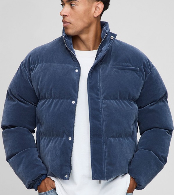 Boxy Fit Velour High Neck Puffer Jacket