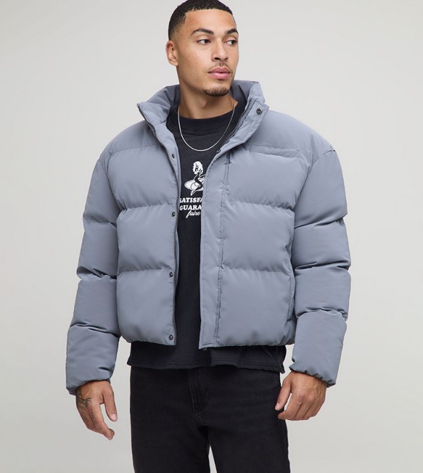 Rubberized PU Funnel Neck Boxy Fit Puffer Jacket