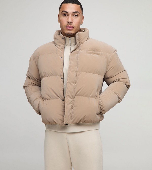 Rubberized PU Funnel Neck Boxy Fit Puffer Jacket