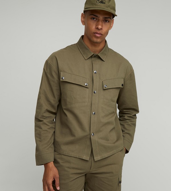 Canvas Long Sleeves Cargo Oversized Overshirt