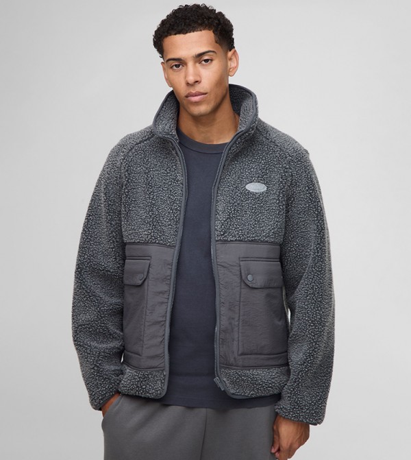 Two Tone Borg Nylon Mix Funnel Neck Zip Through Jacket