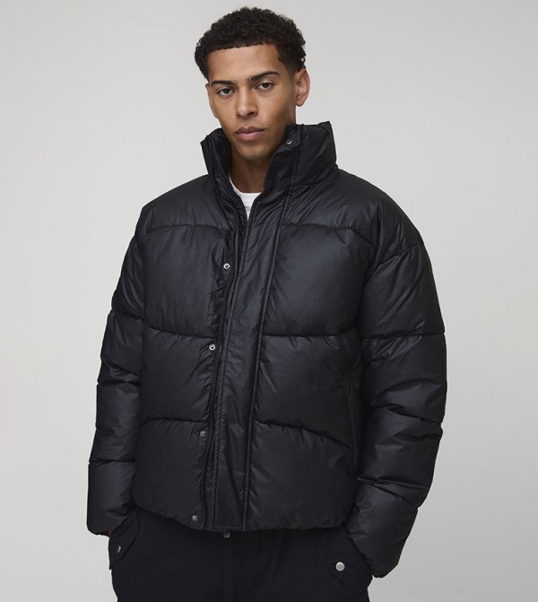Crinkle High Shine Panelled Funnel Neck Puffer Jacket