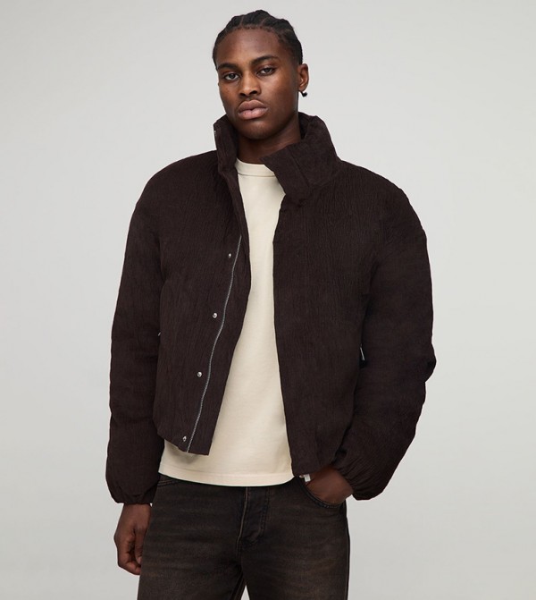 Textured Velour Funnel Neck Boxy Fit Puffer Jacket