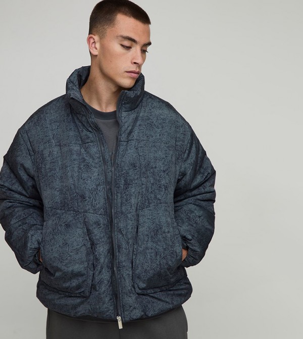 Washed Nylon Padded Funnel Neck Oversized Puffer Jacket