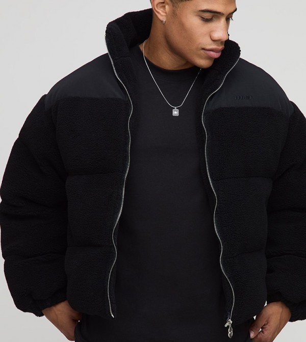 Boxy Fit Borg Nylon Mix High Neck Puffer Jacket